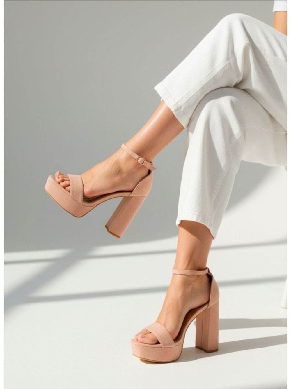 Kayleen Nude Suede Block Heel Platform Sandals With Adjustable Ankle Strap Women